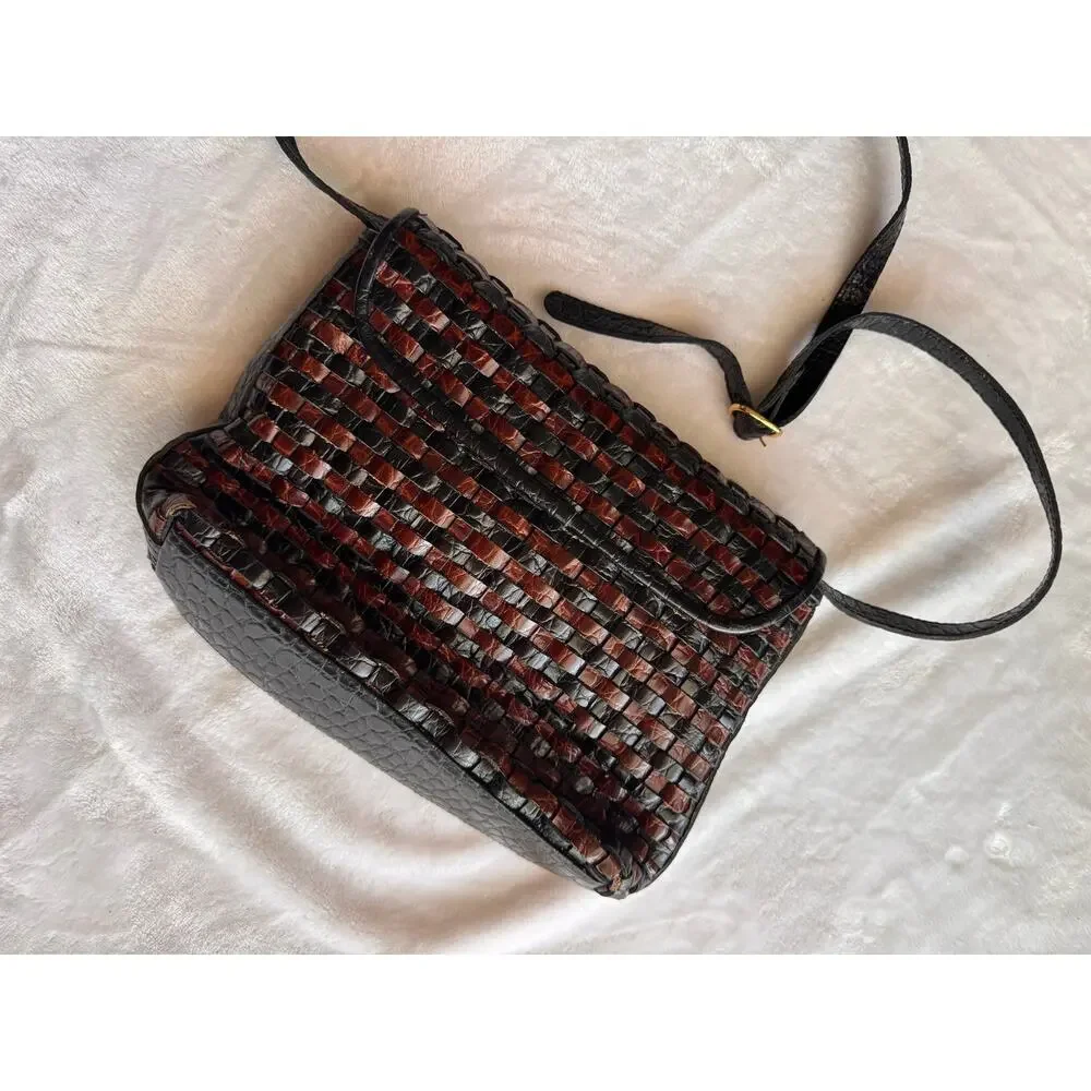 Vintage 80s Cee Klein Woven Leather Crossbody Bag Croc Embossed Purse Brasil